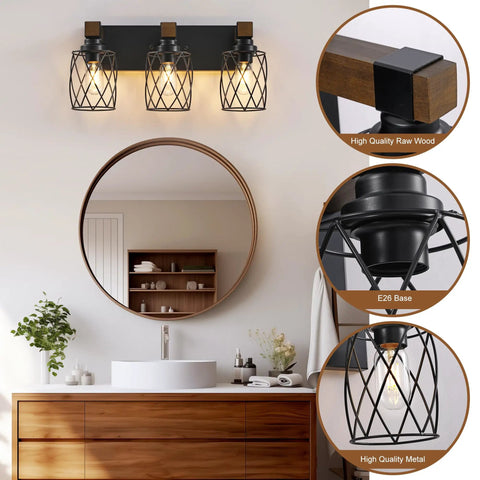 Farmhouse Vanity Light Three Light Wood Over Mirror Fixtures Black Industrial Metal Shade Rustic Bathroom Lighting with mirror