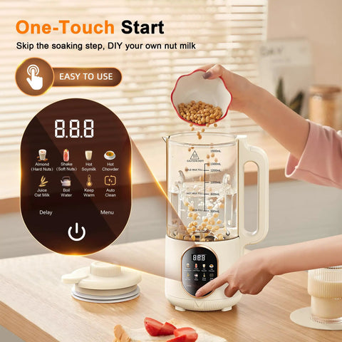 50 Oz Nut Milk Maker With 10 In 1 Functions And 20 Blades in use with almond milk ingredients being added