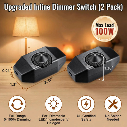 Two Pack Upgraded Inline Dimmer Switch For Lamp Cord Black with smooth rotary knob, measures 2.75x1.3x0.94 inches for easy use.
