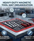 Heavy Duty Magnetic Tool Mat With PVC Coating Flexible 9.84 By 12.99 Inches Stays Put For Screwdrivers Wrenches Bolts And Small Parts In The Garage Or Shop Holds Tools Firmly Even On Tilted Surfaces. on metal workbench with tools