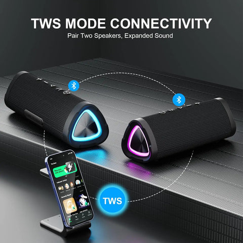 Compact Wireless Bluetooth Speaker With 24W Stereo Sound All Day 24H Playtime IPX7 Waterproof TWS Dual Pairing setup with phone.