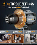 Pro Grade Two Speed Cordless Drill And Impact Driver Combo Kit With Two Long Lasting Lithium Ion Batteries showing 21 torque settings.