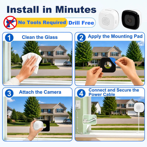 Install No Drills Necessary Two Pack 2K Window Security Cameras Indoor Home Surveillance step-by-step guide.