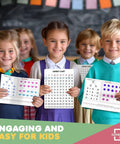 Children holding Small White Dry Erase Sheets For Math Manipulatives Flexible 9x12 Inches With Number Bonds, Number Chart, Ten Frame, and Number Line.