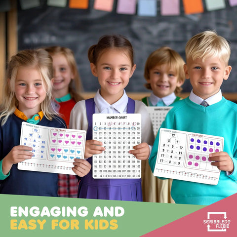 Children holding Small White Dry Erase Sheets For Math Manipulatives Flexible 9x12 Inches With Number Bonds, Number Chart, Ten Frame, and Number Line.