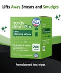 Handy Clean Lens Cleaning Wipes box, green packaging with Made in USA badge, 200 wipes for lenses & optics.
