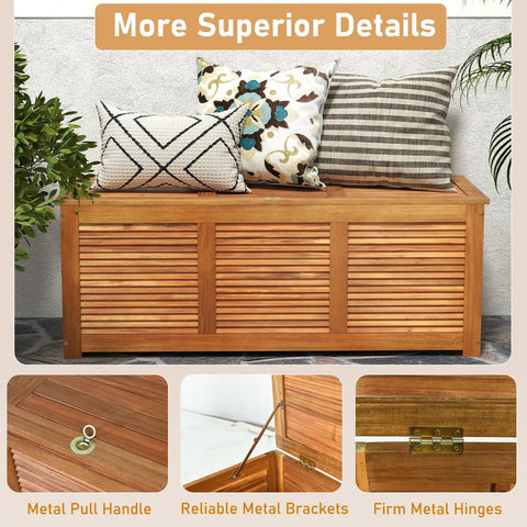 Acacia Wood Deck Box Bench 47 Gallon Outdoor Storage Chest With Seating, showing natural finish and detailed metal parts.
