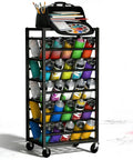 Heavy Duty Rolling Cart Holds A Solid Fifty Spray Paint Cans Built Tough For Double Sided Storage Plus Top Tool Tray with colorful spray paint cans.