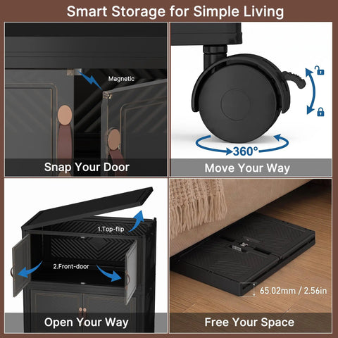 Huge 1280QT Stackable Storage Bins With Secure Snap Tops Featuring Slick Collapsible Cabinet Frame showing magnetic snapping doors and 360° roll wheels.