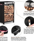 Heavy-Duty 600D Waterproof Firewood Rack Cover For 2-Tier Racks with toggle locks and zippers, black, shown on wood storage.