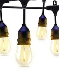 Close-up of 48 Foot LED Color Changing String Lights With Remote Linkable Indoor Outdoor Patio Lighting Water Resistant Commercial Grade 15 Plastic E26 Bulbs Create Cafe Ambience In Your Backyard For Parties And Chill Evenings showing four plastic bulbs hanging.