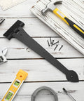 Solid As A Rock 15 Inch Heavy Duty T Strap Hinges 4 Pack With Mounting Fasteners Black Powder Coated Rust Resistant Wrought Iron Barn Door Hardware displayed with tools on a wooden surface.