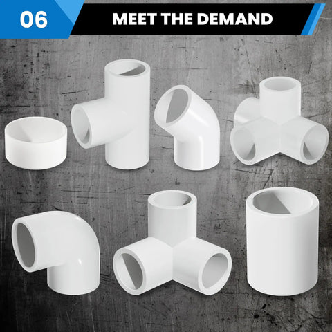 Assorted PVC connectors for furniture frames, includes 1-1/4 Inch PVC Two Way Socket To Socket Coupling Adapters for DIY projects.