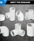 1 Inch PVC 4 Way Tee Fitting For DIY Frames And Structures, Schedule 40 Furniture Grade, 10 Pack, various fittings displayed