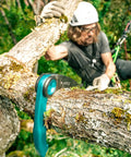 Collapsible Grapple Work Positioning Tool For Canopy Access, aluminum and stainless steel, teal hook on tree, 11.4 inch length