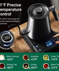 Gooseneck Electric Kettle With Plus Or Minus One Degree Fahrenheit Precision Temperature Control For Pour Over Coffee And Tea on a wooden surface with control dial