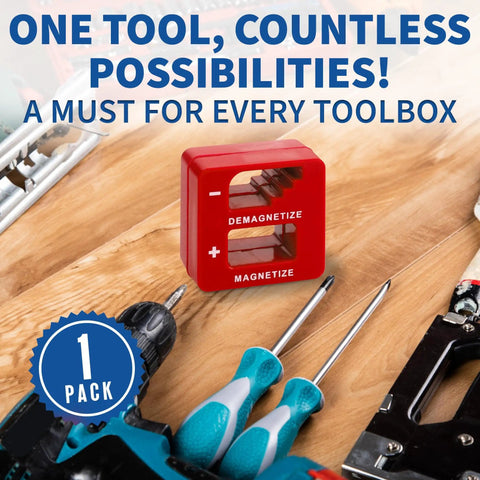 Demagnetizer And Magnetizer For Screwdrivers, Bits, Drills, Sockets, Nuts, Bolts, Nails, And Small Tools Pro Grade Magnetic Strength For Precision Work Quick Demagnetize And Magnetize In Red on a wooden surface with tools.