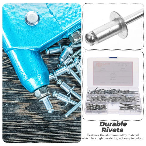 Close-up of Aluminum Pop Rivets Kit 140-Piece Open End Rounded Head Blind Rivets for DIY Repairs and Assembly
