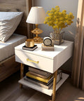 Thirty Pack Square Gold Cabinet Pulls With A Killer Brushed Brass Finish on modern white nightstand with lamp and decor.