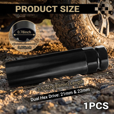 Heavy Duty Six Spline Lug Nut Socket Key With 13/16 And 7/8 Inch Hex Drive Fits M14x1.5 And M14x2 Threads for dual hex drive with size details.