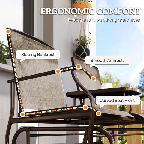 Outdoor Glider Bench With Center Table Metal Frame Patio Loveseat with ergonomic backrest and armrests on porch