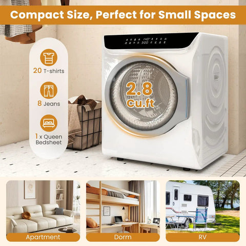 Compact Portable Washer And Dryer Combo Featuring Heated Boot Dryer Fully Automatic 28 Pound Washing Machine in a cozy laundry setup.