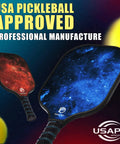 Lightweight USAPA Approved Pickleball Paddles Set with blue and red pattern design shown with USAPA certification badge