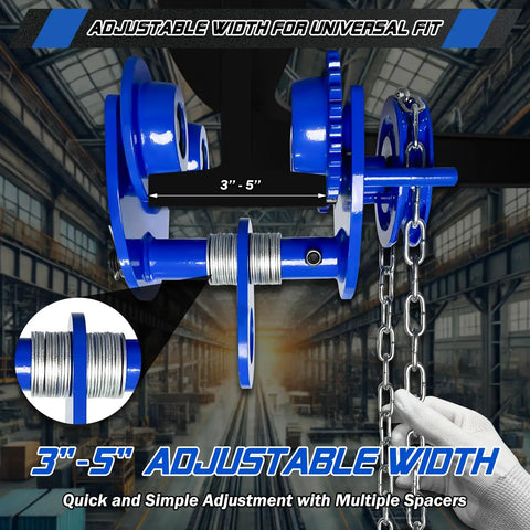 Rock Solid Manual Chain Trolley One Ton Two Thousand Two Hundred Lb Capacity Adjustable Gantry Crane Trolley adjustable width 3 to 5 inches for universal fit.