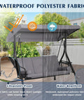 Outdoor Three Seat Porch Swing With Canopy And Stand Convertible 2 In 1 Bed Cup Holder Pillow Cushions Grey Patio Swing For Garden Or Yard Sturdy Steel Frame For Easy Relaxing with waterproof polyester canopy under rain