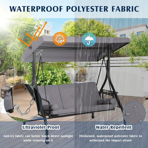 3 Seat Outdoor Porch Swing With Adjustable Canopy And Convertible Bed For Easy Day To Night Lounging Heavy Duty Patio Swing With Cup Holders And Cushions For Garden Or Poolside in rain demonstrating waterproof fabric.