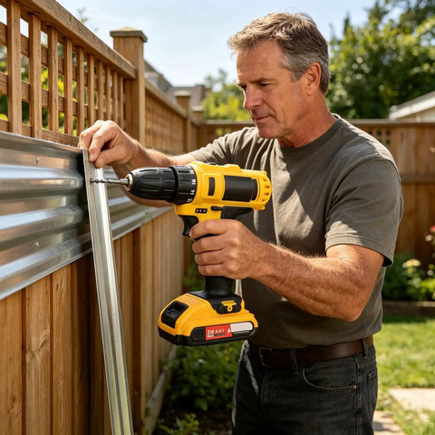 Man using Heavy Duty Cordless Brushless Handheld Power Drill Boasting Serious Kick And Snappy Quick Change Chuck for DIY woodworking.