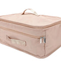 Heavy Duty Mesh Travel Dresser, Large Capacity Hanging Closet Organizer With Separate Pockets, Foldable Garment Rack in beige fabric.