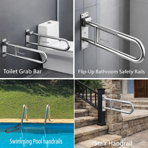 Super Sturdy Flip Up Toilet Grab Bar With Integrated Paper Holder Heavy Duty Stainless Steel Bathroom Safety Rail Anti Slip Folding Handrail For Seniors No Sweat Setup mounted in bathroom and stair, showcasing various installations.