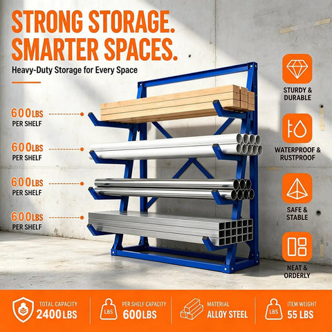 Workhorse Heavy Duty Lumber Storage Rack With Adjustable Arms And Beefy Alloy Steel Build For Stashing Pipes And Rebar Up To 2400 Pounds Without Breaking A Sweat, showing organized shelves with planks and pipes.