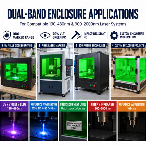 Premium Dual Band Laser Safety Window Featuring Heavy Duty Optical Glass Shield Built Real Tight For Protecting 450Nm And 1064Nm Fiber Laser Cabinets OD6 Rating For Maximum Eye Care on multiple laser equipment.