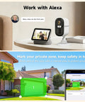 Professional Grade 4MP Wireless Outdoor Security Camera System With Solar Panel And Dual Band Wifi Capturing Hella Crisp Pictures And Badass Smart Motion Alerts shown with Alexa device and privacy zone settings.