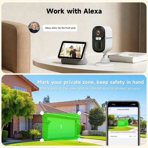 Professional Grade 4MP Wireless Outdoor Security Camera System With Solar Panel And Dual Band Wifi Capturing Hella Crisp Pictures And Badass Smart Motion Alerts shown with Alexa device and privacy zone settings.