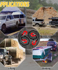 Image showing applications of 2 Pack Three Eighth Inch G80 Trailer Safety Chains 36 Inch With G70 Clevis Hooks for towing, logging, lifting, binding.