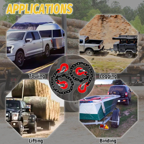 Image showing applications of 2 Pack Three Eighth Inch G80 Trailer Safety Chains 36 Inch With G70 Clevis Hooks for towing, logging, lifting, binding.