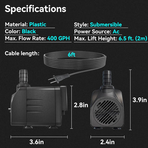 Black Ultra Quiet Submersible Pond Pump With Auto Shut Off For DIYers And Pros, 400 GPH (1500 L/H), 25W, side view
