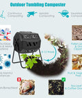 43 Gallon Outdoor Compost Bin With Dual Chamber Tumbler, 360 Degree Spin, Two Sliding Doors, Gloves Included, Big Capacity Garden Rotating Composter For Patio Yard Lawn Black with infographic of composting materials and time