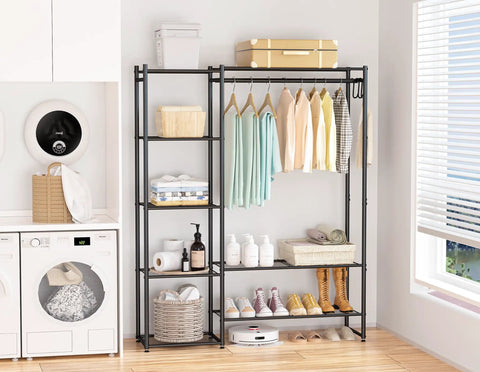 All In One Wardrobe Closet Organizer With Hanging Rod And Four Shelves Free Standing Portable Clothing Rack in laundry room.