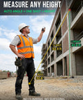 Construction worker using Dual Laser Distance Measuring Tool With Angle Sensor on building site, measures height up to 393 ft, IP54.