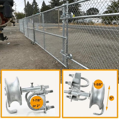 Built Tough Chain Link Fence Track Roller With 5 Inch Wheel For Heavy Duty Sliding Gates shown in use on galvanized chain link fence.