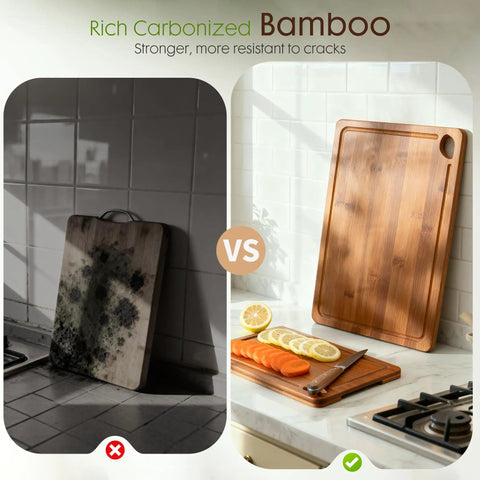 Top Shelf Deep Carbonized Bamboo Cutting Board With Sturdy Wood Storage Stand showing comparison of damaged and new cutting boards.