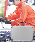 Rugged Aluminum Alloy Tool Case With Sturdy Carry Handle For Mechanics And Weekend Warriors near mechanic working on vehicle.