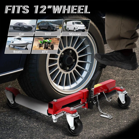 Heavy Duty Wheel Dolly Jack Set with Hydraulic Tire Lift and Aluminum Twin Rollers Foot Pump Action for Rock Solid Garage Shifts Tough as Nails 1500 Pound Capacity shown lifting 12 inch wheel with foot pump action.
