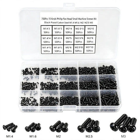 750 Pieces Black Mini Screw Assortment Kit M1.4 To M3 Phillips Pan Head Carbon Steel Fasteners, organized in a clear storage box.