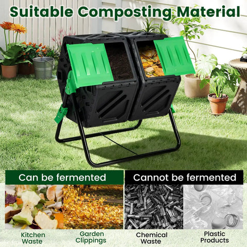 Dual Chamber Compost Tumbler With 34 Point 5 Gallon Capacity, Outdoor Rotating Composter With Aeration And Two Sliding Doors