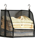 Hangable Closet Shelf Organizer With Soft Fabric Storage Bin to Safeguard Delicate Threads Tidy Dorm Rooms and Small Spaces, black fabric with folded sweaters.